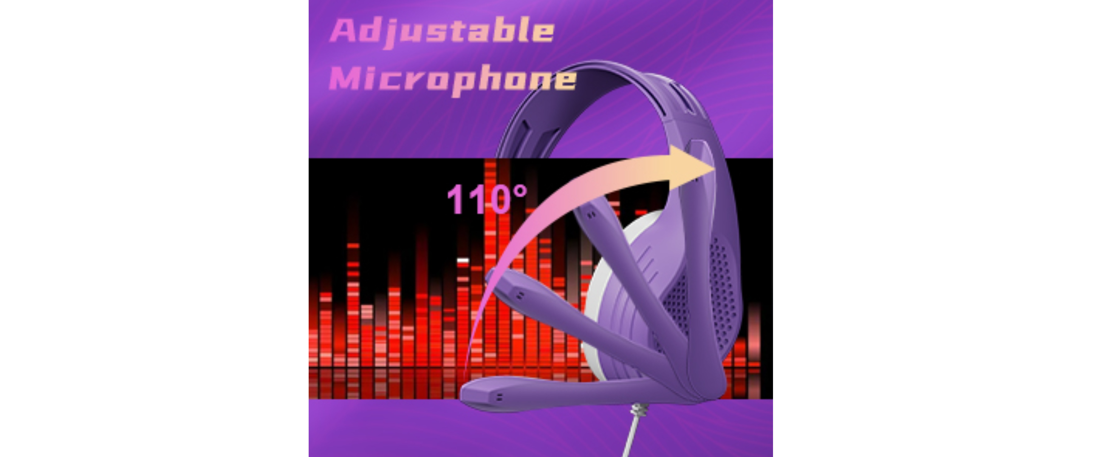 Purple headset, 110° adjustable microphone, audio spectrum
