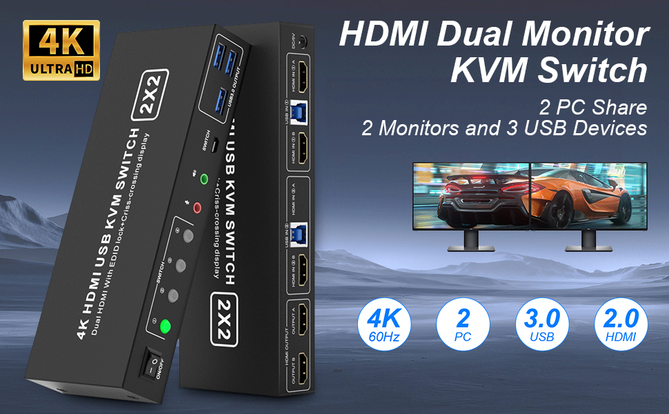 4K HDMI KVM Switch for 2 Computers Share 2 Monitors and 3 USB 3.0 devices. With this 2-port USB 3.0