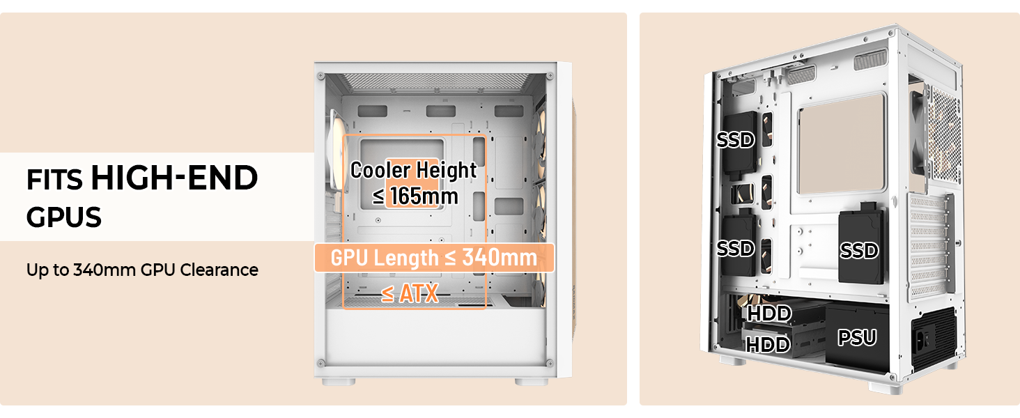 High-End GPU Support with Up to 340mm Graphics Card Clearance for Powerful Gaming Builds.