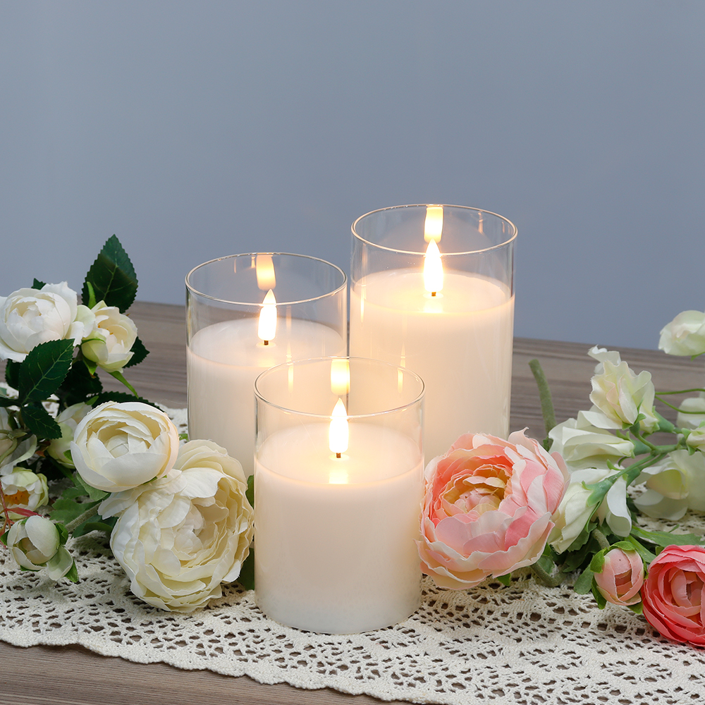 JHY DESIGN Set of 3 Glass Wax Flameless Candles 3D Effect