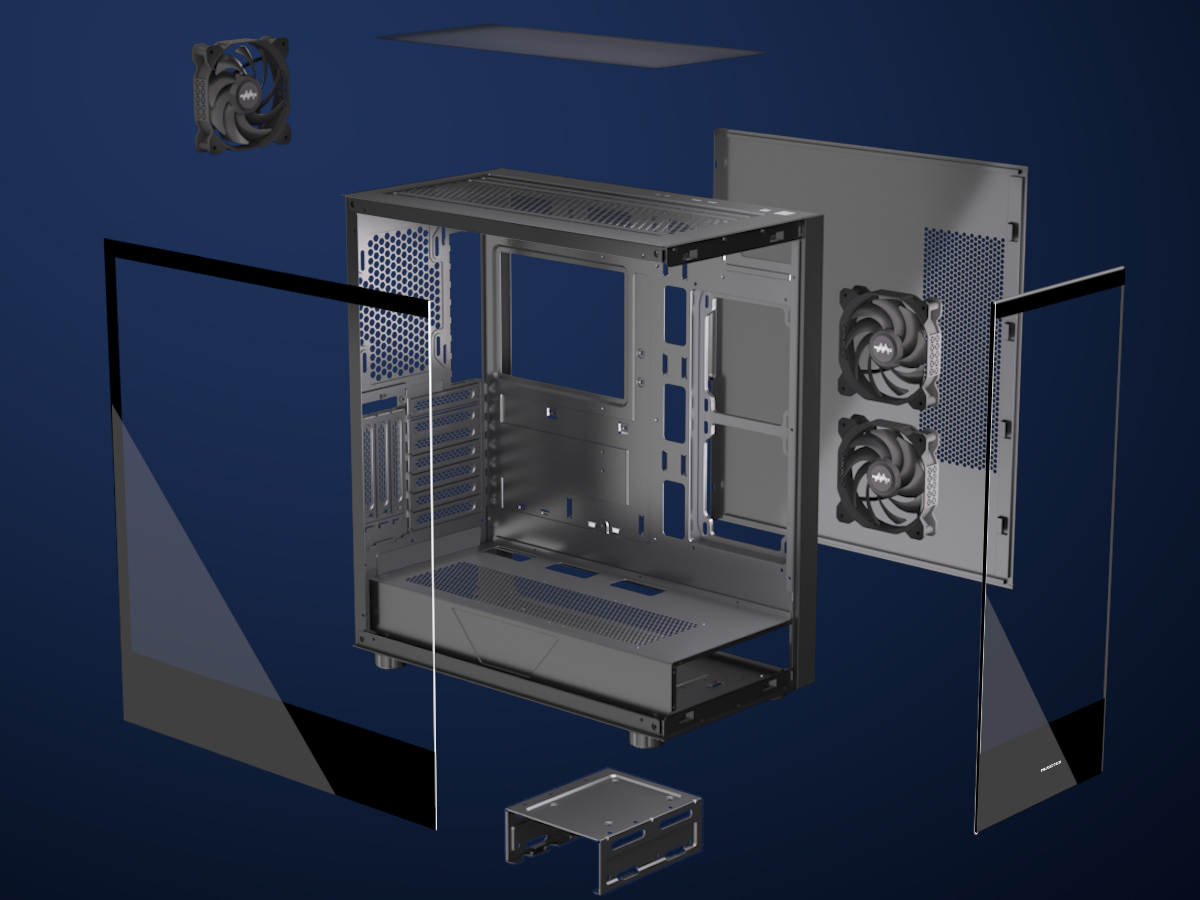 MUSETEX ATX PC CASE, 360MM RAD Support, Full-View Dual Tempered Glass Mid Tower PC Case, Type-C Computer Case with 3 Non-LED Fans Pre-Installed,