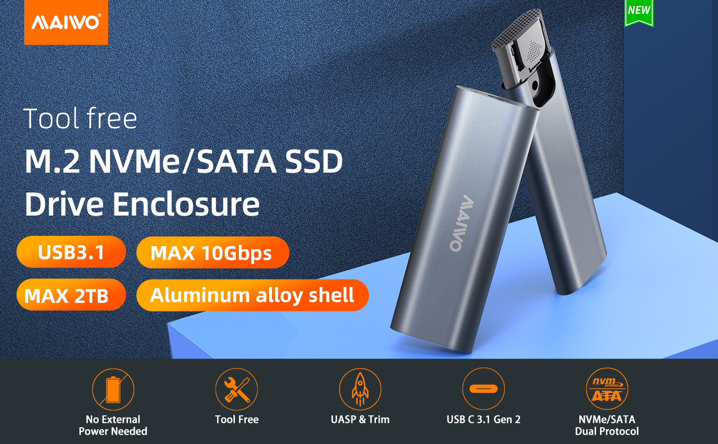 MAIWO K1689 M.2 NVMe SATA SSD Enclosure