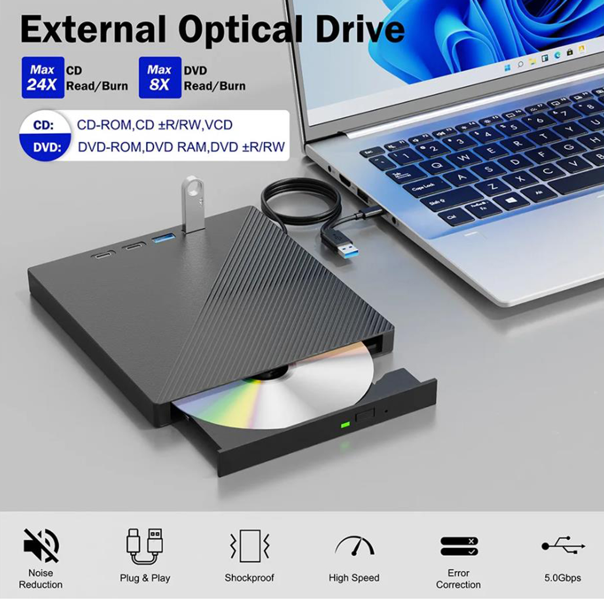 External Optical Drive for VCD/DVD/CD -ROM/ -R/ +R /-RW Burner