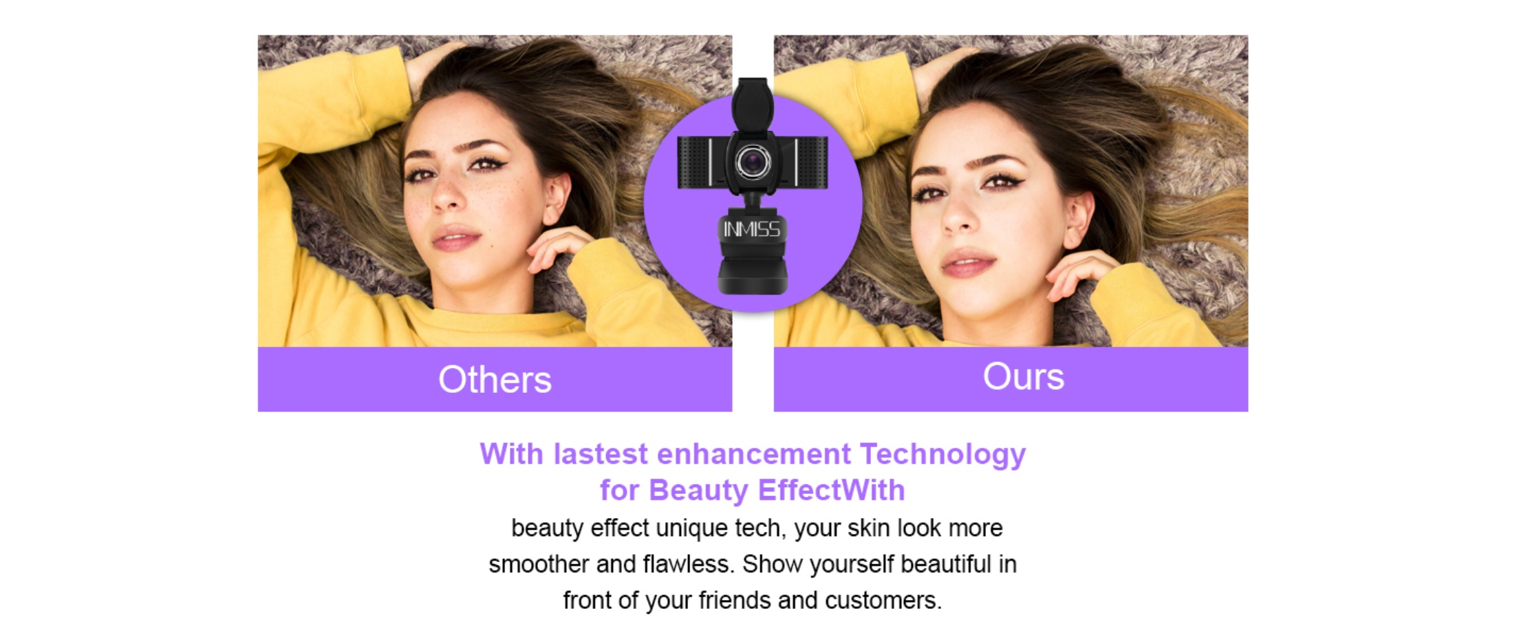 Webcam beauty effect comparison, skin smoothing, image enhancement