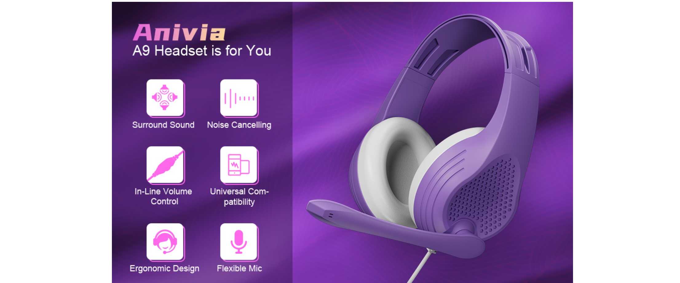Anivia A9 purple wired gaming headset, feature icons, mic headphone