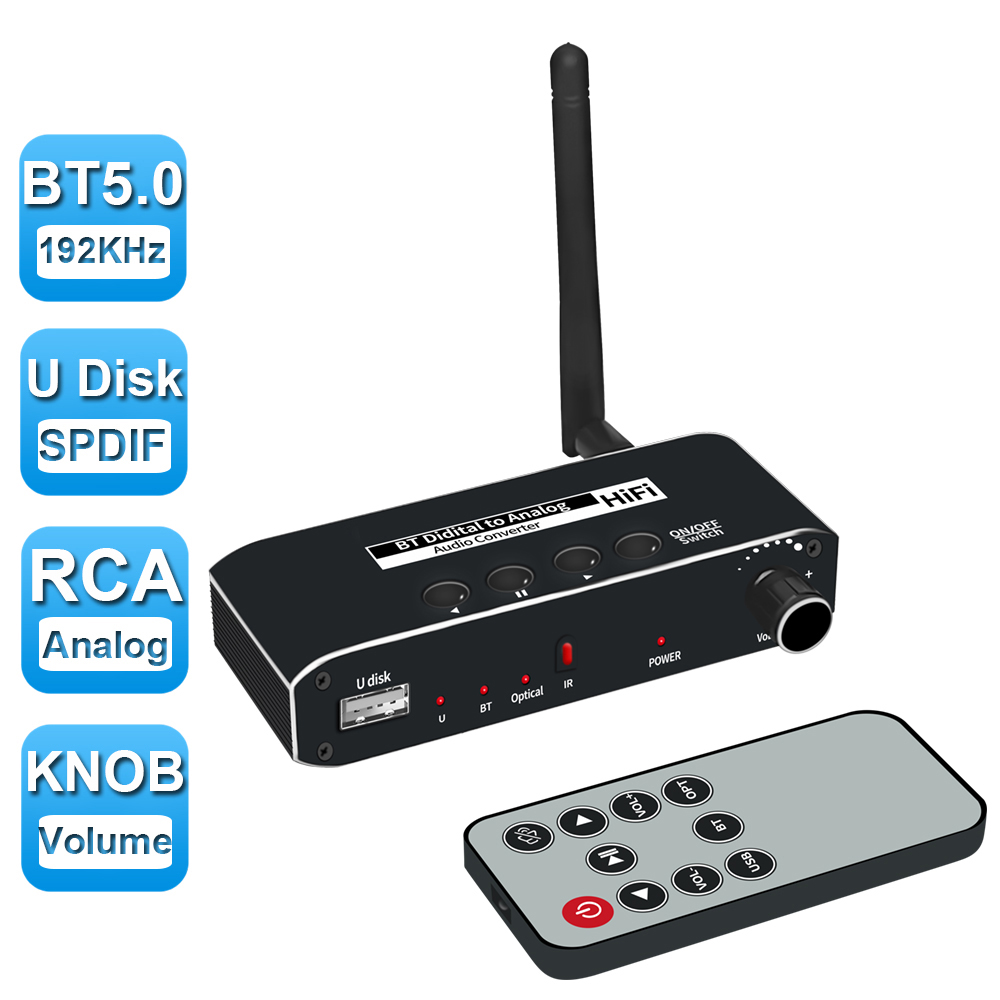 192kHz DAC Digital to Analog Audio Converter with Bluetooth V5.0 Receiver &  Remote Support SPDIF Optical Digital Audio to Analog L/R RCA 3.5mm for TV  Bluetooth Headphone Speaker 