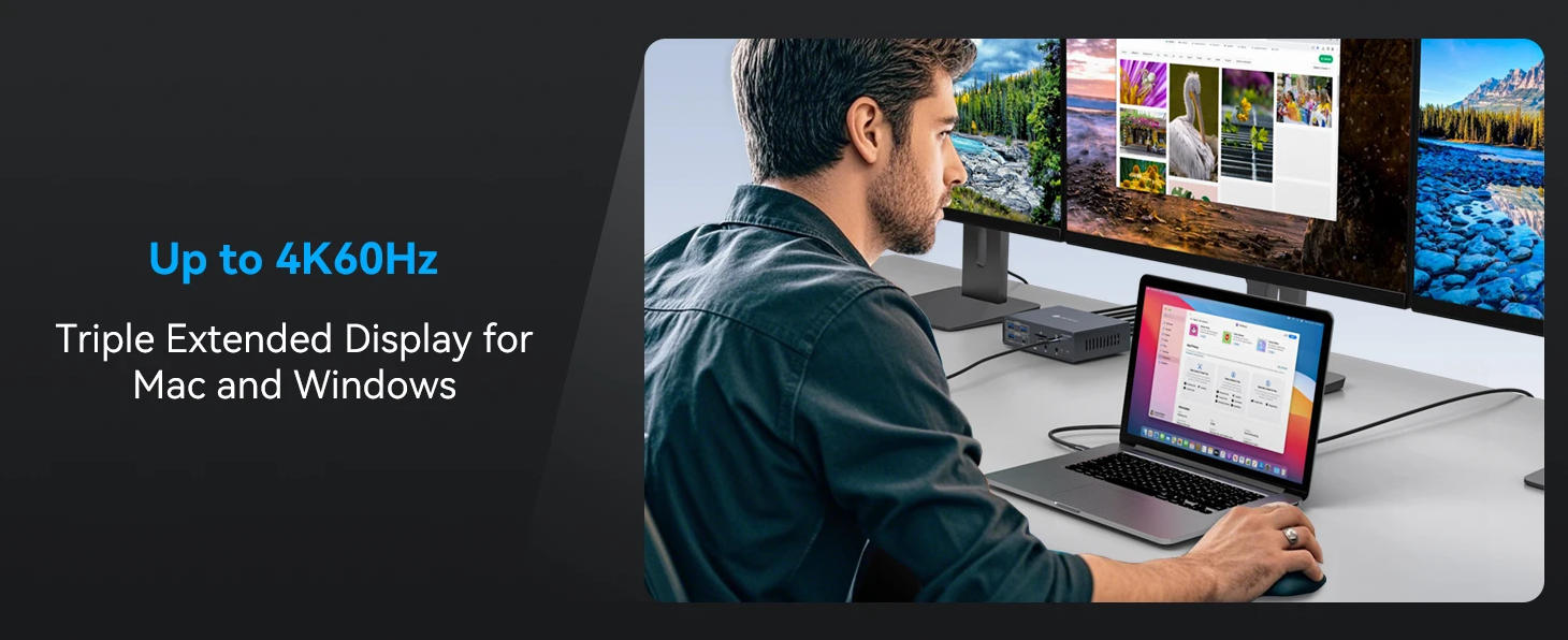 USB-C DisplayLink Thunderbolt Docking Station KVM Switch, 4K@60Hz Triple Monitors HDMI Displayport U