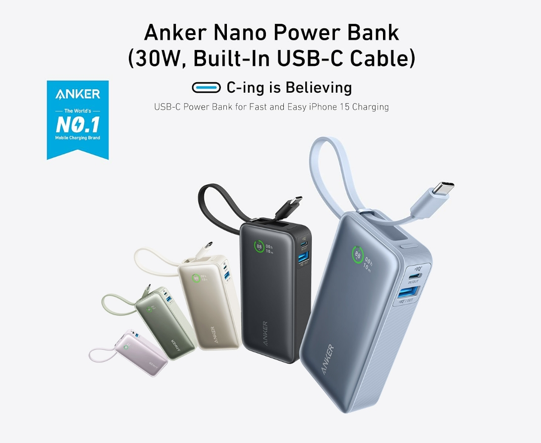 Anker Nano Power Bank, 10,000mAh Portable Charger with Built-in USB-C Cable,  PD 30W Max Output with 1 USB-C, 1 USB-A, Compatible for iPhone 15/15 Plus/15  Pro/15 Pro Max, MacBook, Galaxy, iPad 