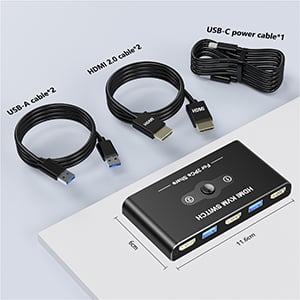 Package Contents 1x KVM switch  2x 4K HDMI cables  2x USB-A cables  1x USB Type-C power cable  1 x E