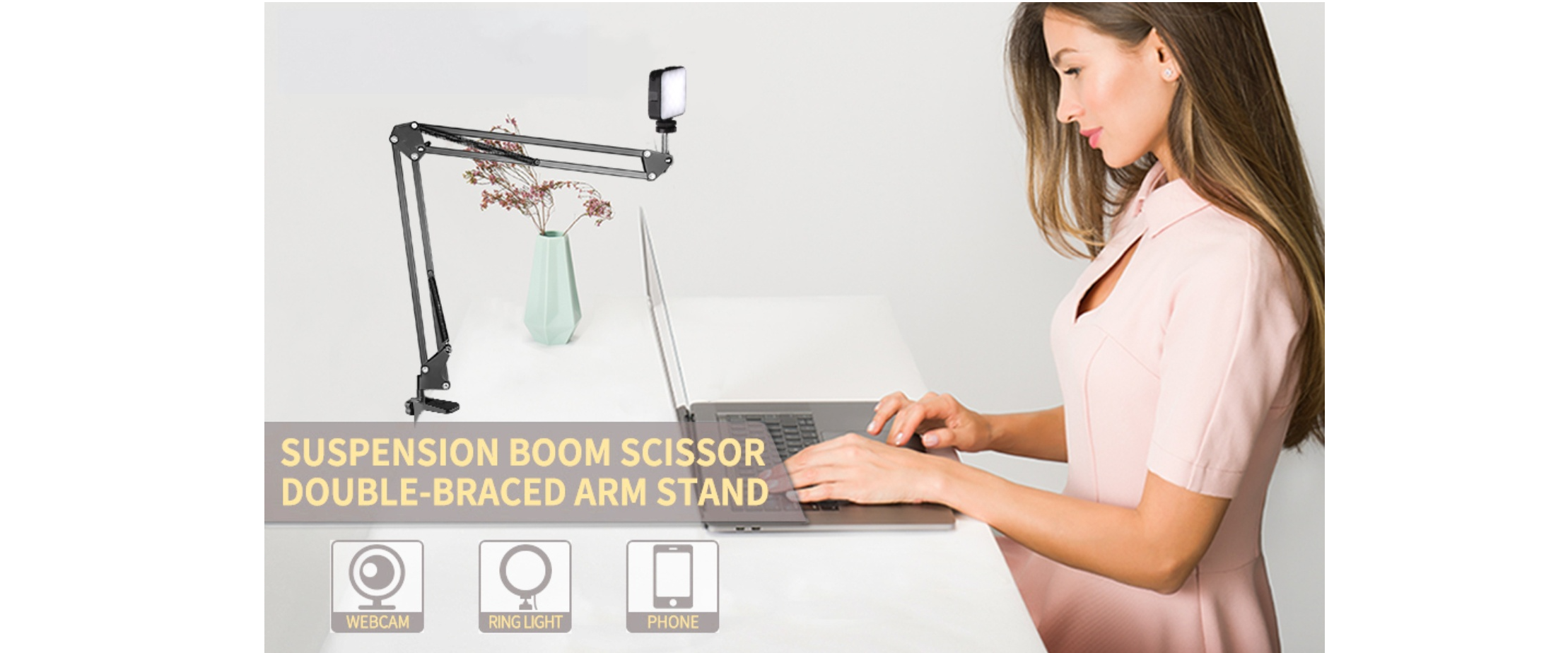EACH scissor boom arm, desk mount, webcam & phone holder, video call kit, white background