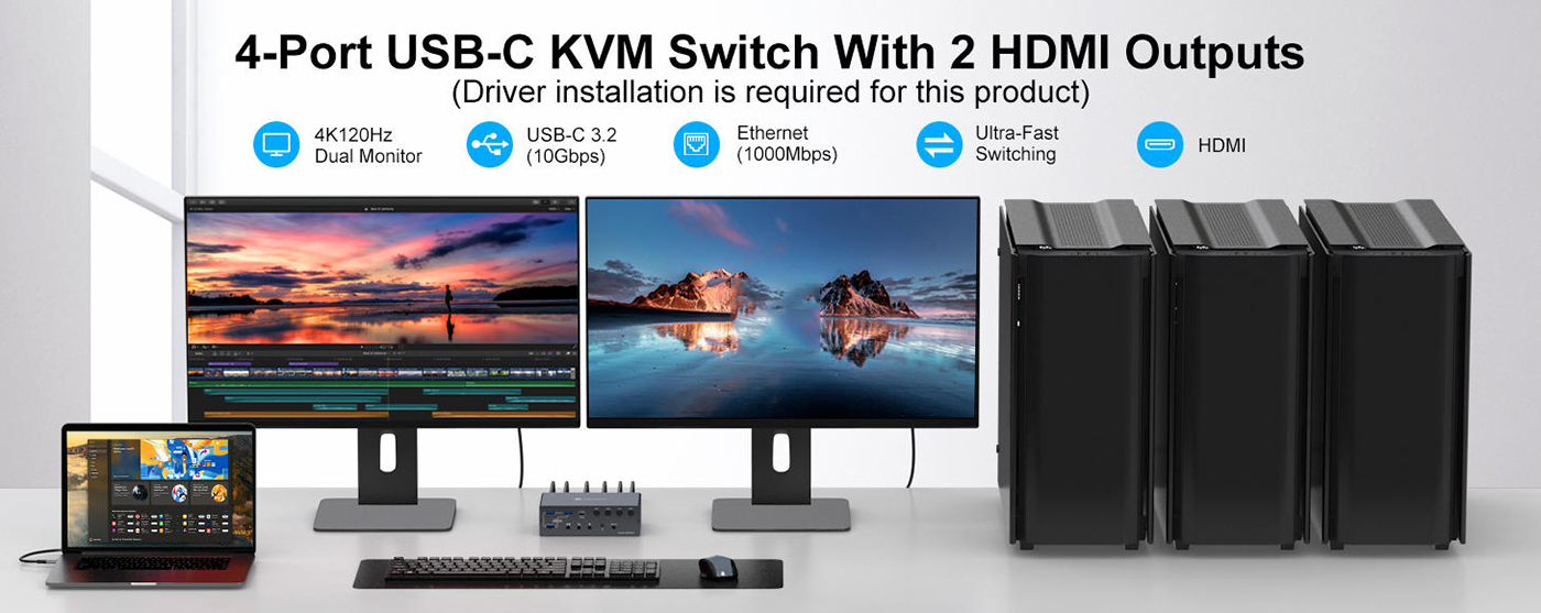USB C KVM Switch Docking Station 2 Monitors 4 Computers 4K@120Hz Mac Thunderbolt Docking Station Dua