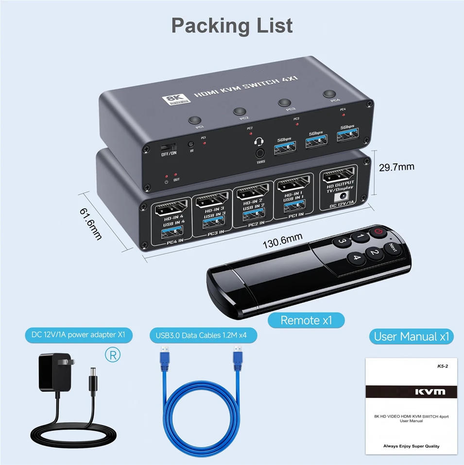 4K@240Hz 4 Port HDMI KVM Switch, 4x1 8K@60Hz HDMI KVM Switches for 4 Computers One Monitor with 4 Po