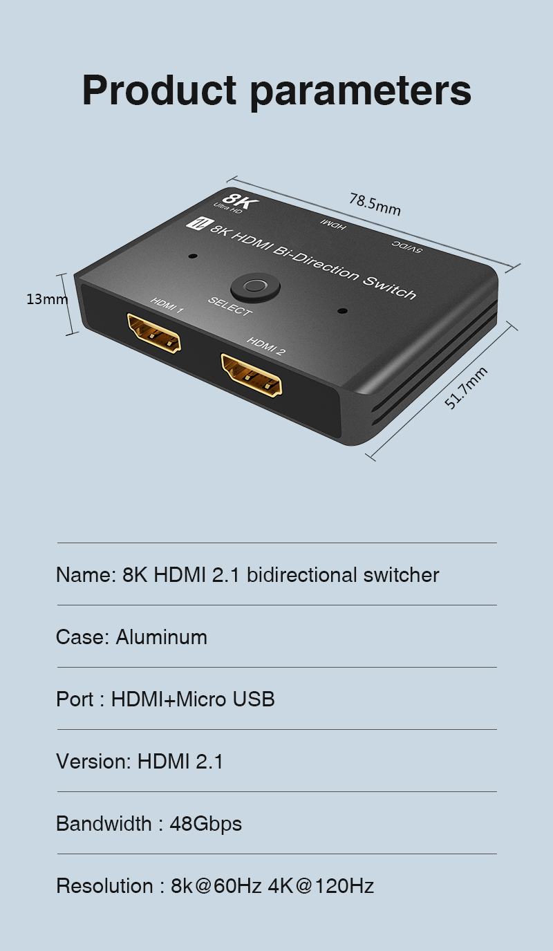  HDMI 2.1 Switch, Highwings 8K UHD HDMI Splitter 1 in 2 Out  Bi-Directional, 48Gbps HDMI Switcher 2 in 1 Out (8K@60Hz, 4K@120Hz),  Aluminum HDMI Selector for PS4/PS5, Xbox, Roku, Apple TV