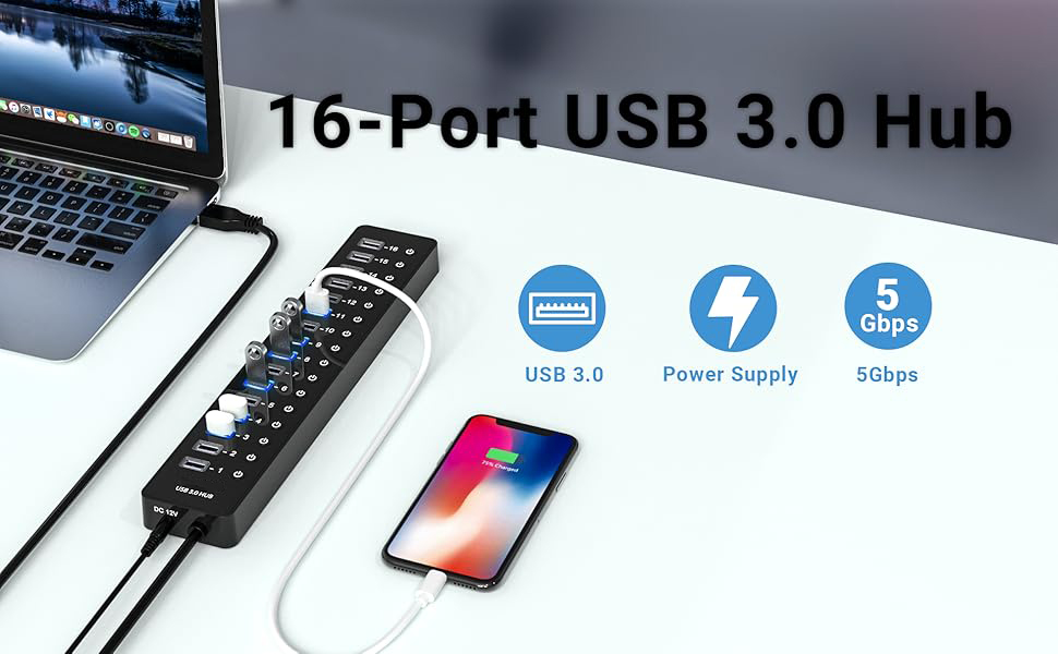 IHDAPP Powered USB Hub 3.0, 16 Ports USB Splitter with 12V/6A Power Adapter and Individual Switches