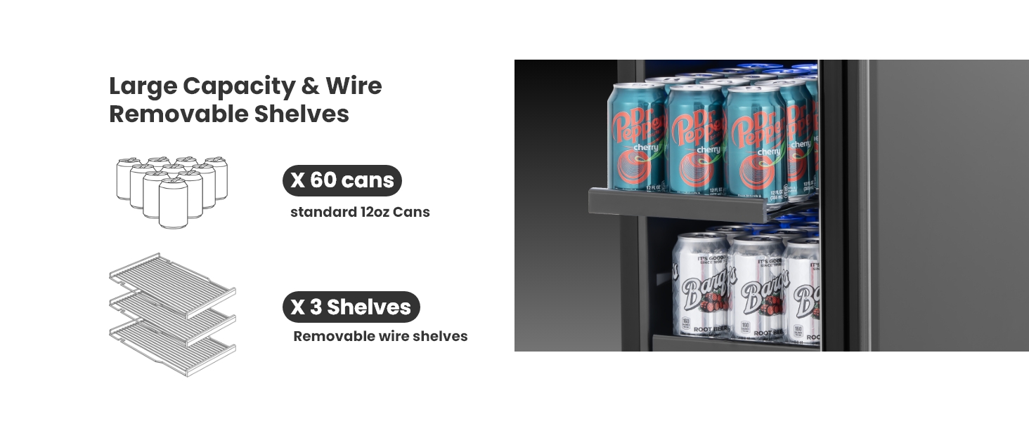 holds up to 60 cans with 3 adjustable shelves