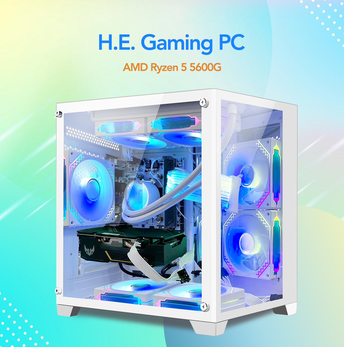 H.E. Gaming PC -AMD Ryzen 5 5600G 3.9GHz - RTX 4060 8GB -16GB DDR4 RAM -1TB  M.2 +1TB SATA SSD-240 Liquid Cooler -WIFI &Bluetooth Ready -RGB 