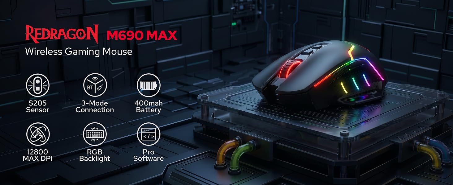 Redragon M690 MAX Wireless RGB Gaming Mouse 12800 DPI Remapping Keys | Cable-Free 0 Delay, Redefine
