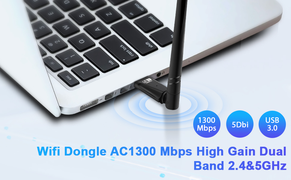 WiFi Dongle AC1300Mbps, High Gain Dual Band 2.4Ghz & 5GHz Internet Dongle Ultra Speed USB 3.0 1300M