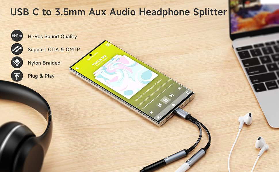 USB C to Dual 3.5mm Aux Splitter With this usb type c to dual 3.5mm jackaux y splliter you can share