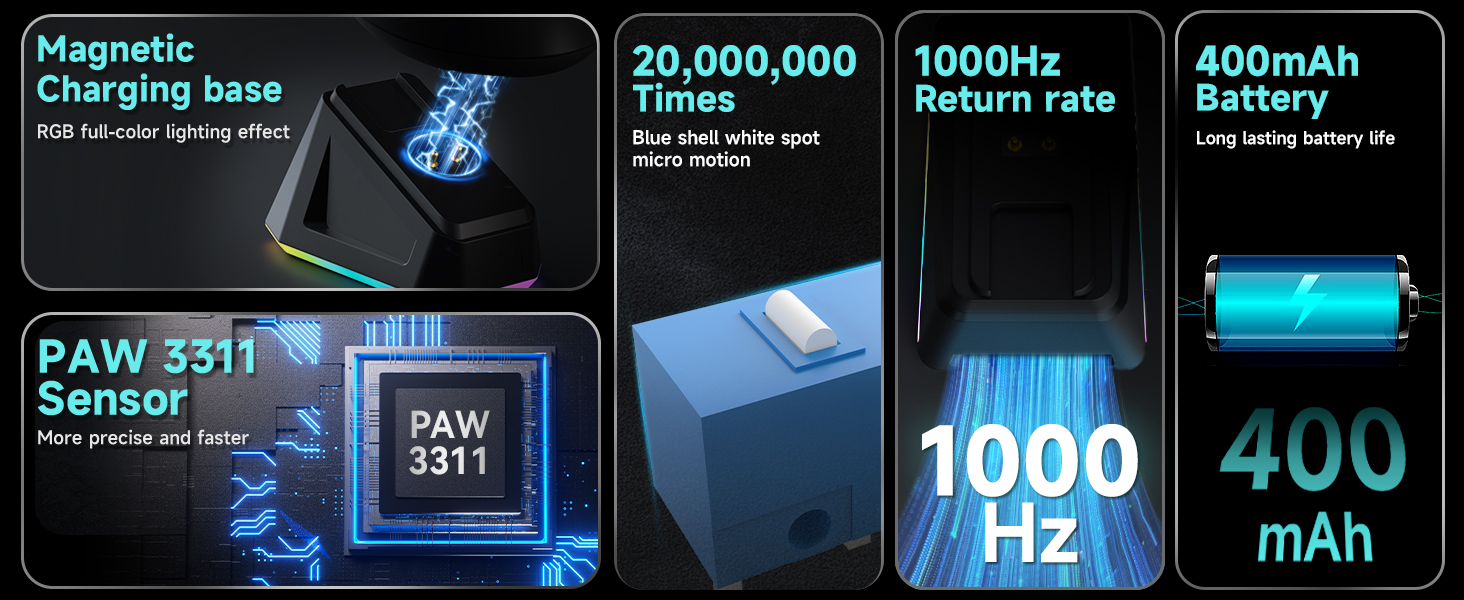 Gaming Mouse, AJ159P MC Wireless Gaming Mice with RGB Charging Dock, 56 g Lightweight Programmable