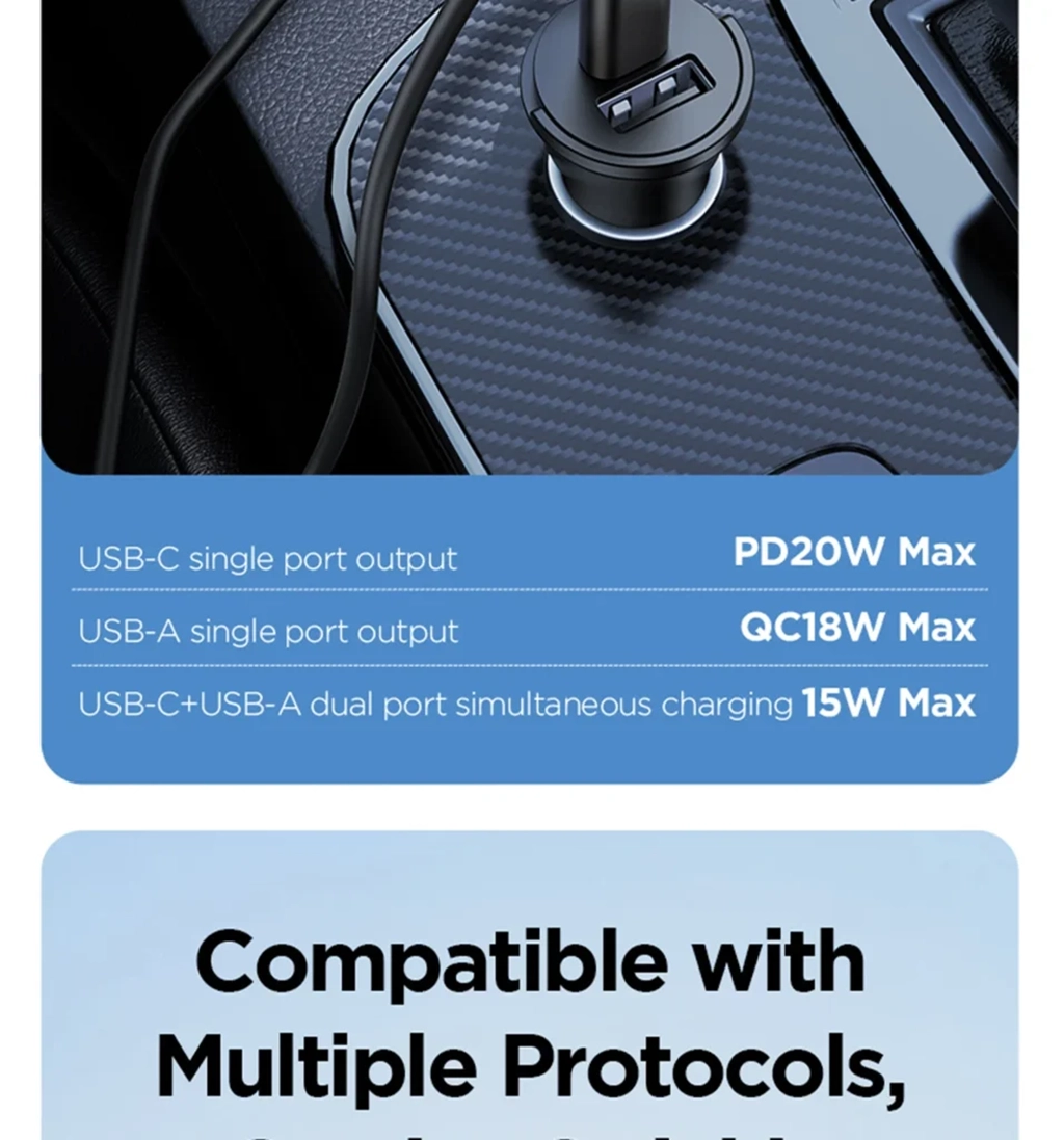 PISEN-Quick USB-C+USB-A 20W Mini Car Charger