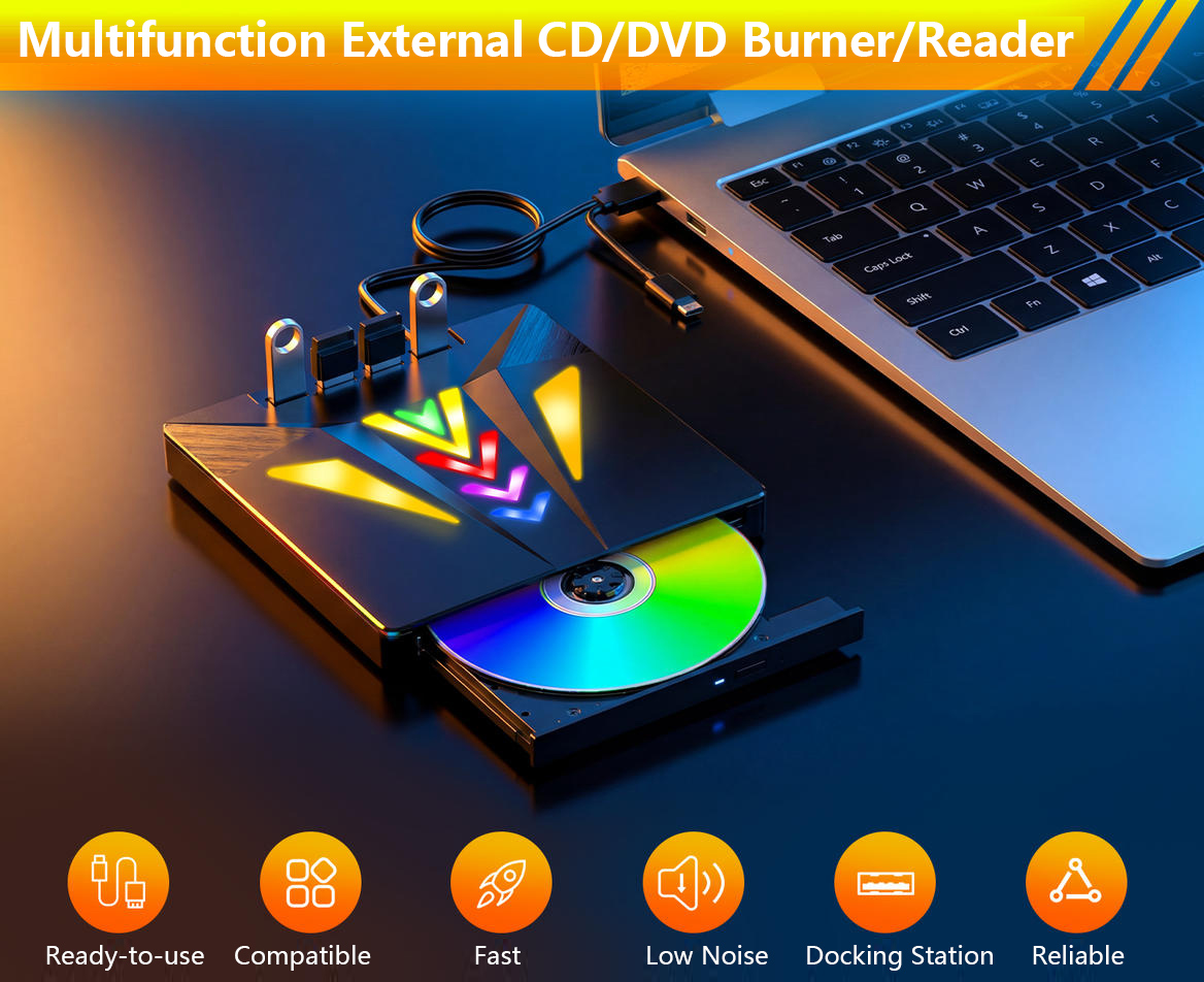 External CD DVD Drive for PC, [7 in 1]External CD/DVD Optical Burner with 4 USB Ports and TF/SD Card