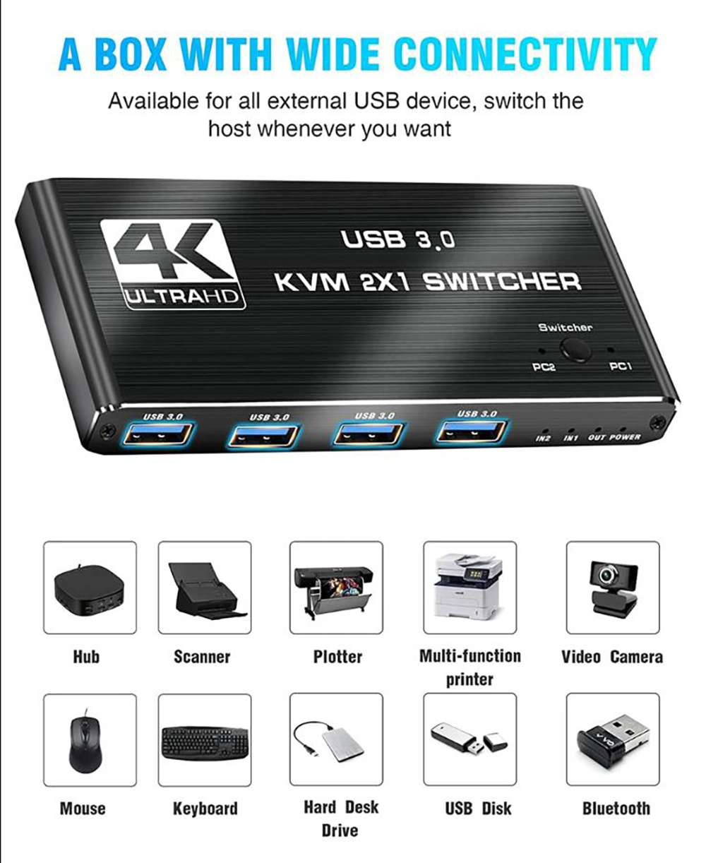 AUTYUE 2 Port HDMI KVM Switch 2 in 1 Out, 4 port - USB 3.0 HDMI KVM Switches 4K@60Hz for 2 Computers