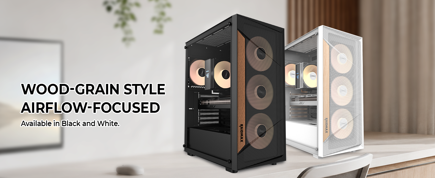 Wood-Trim Mesh Front Panel with High Airflow, available in Black or White.
