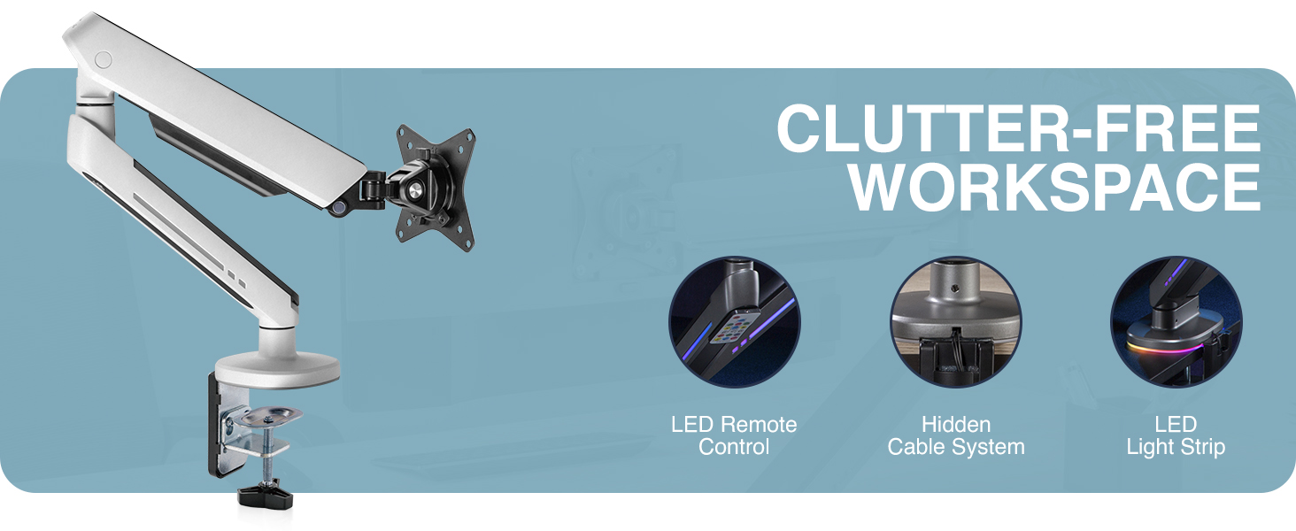 single monitor arm, LED monitor arm, RGB monitor arm, gaming monitor arm, VESA mount, ergonomic