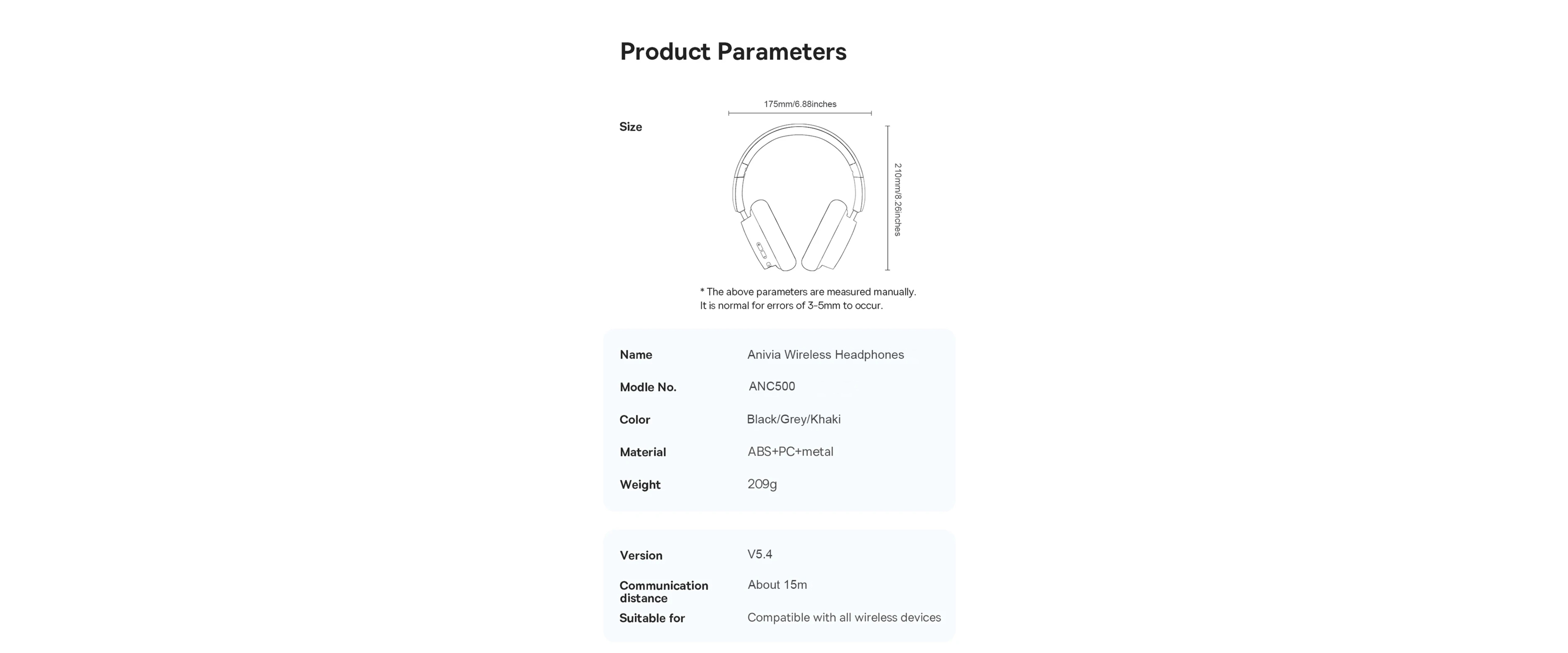 INMISS ANC500, spec sheet, 209g, BT5.4