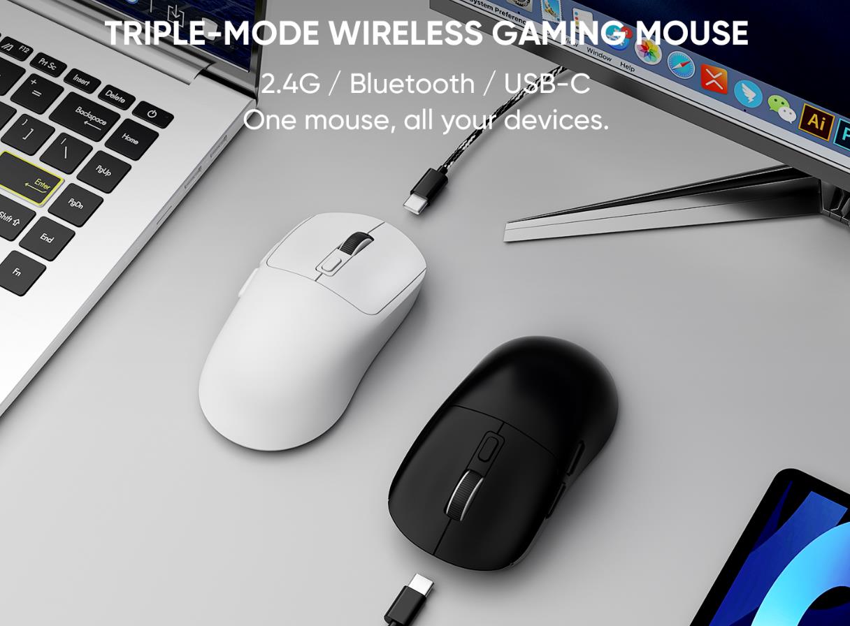 Wireless Gaming Mouse, 2.4G/Bluetooth 5.4/USB-C 3-Mode Wired/Cordless Game Mice with 8 Adjustable DP