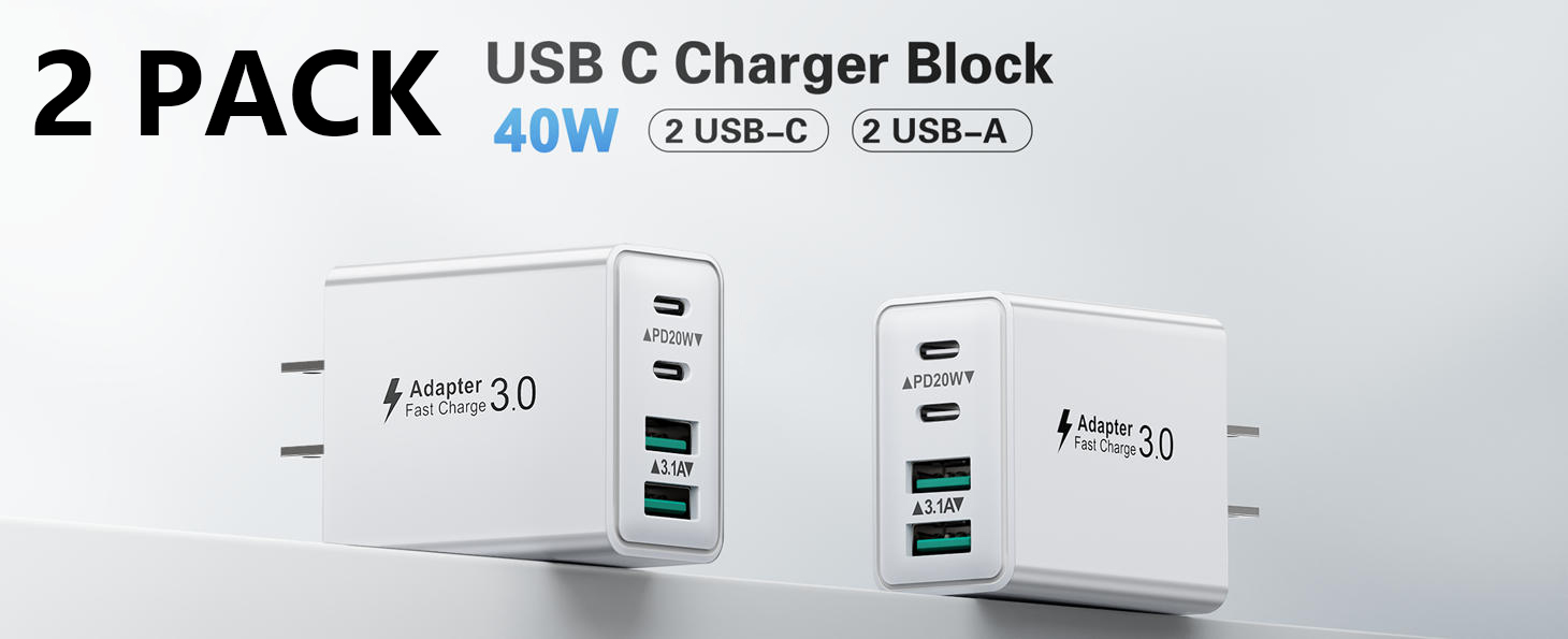 2-Pack 40W USB C Fast Charging Block 4-Port (White)