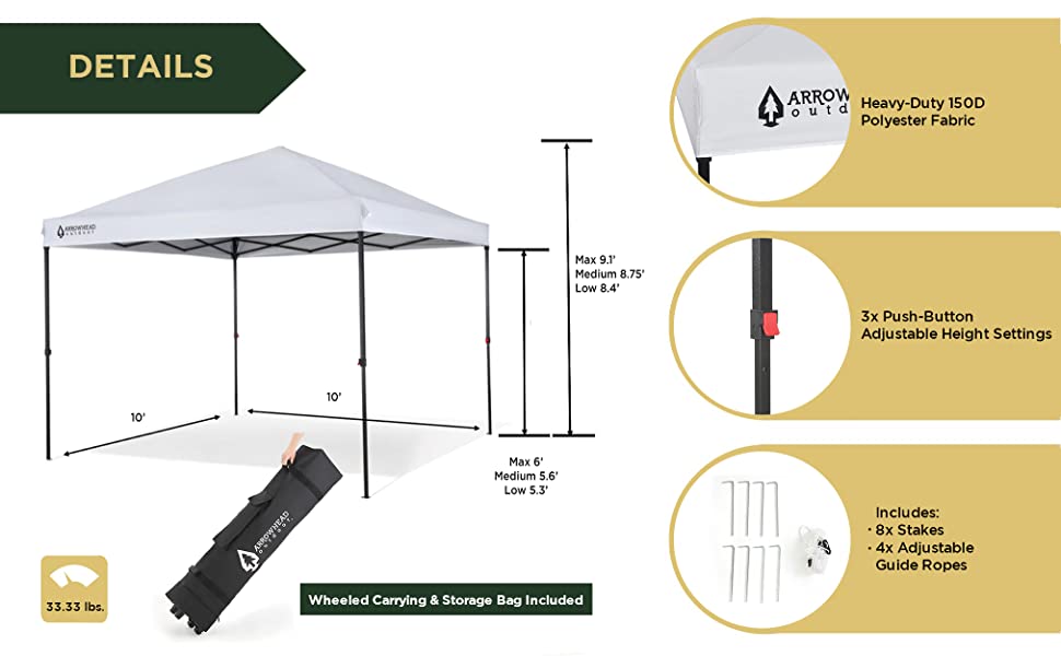 ARROWHEAD OUTDOOR 10x10 PopUp Canopy & Instant Shelter, Easy One