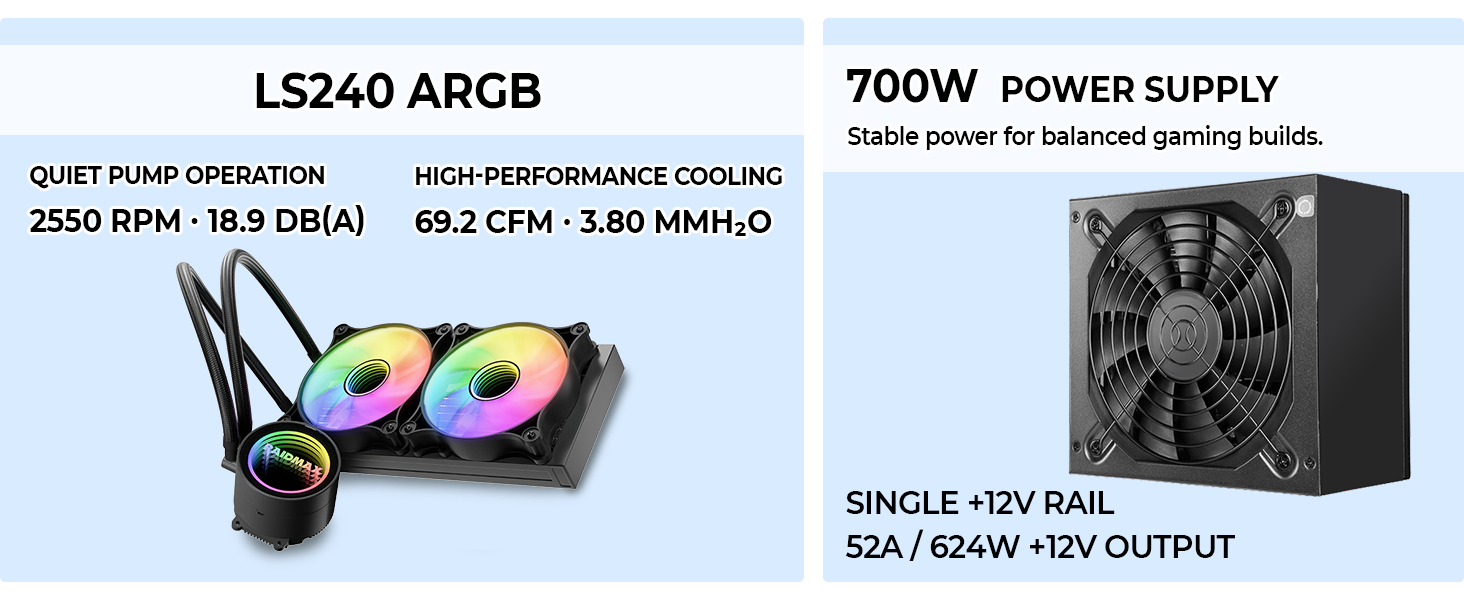 Includes a 240mm ARGB liquid cooler and 700W power supply for an easy, high-performance PC build.