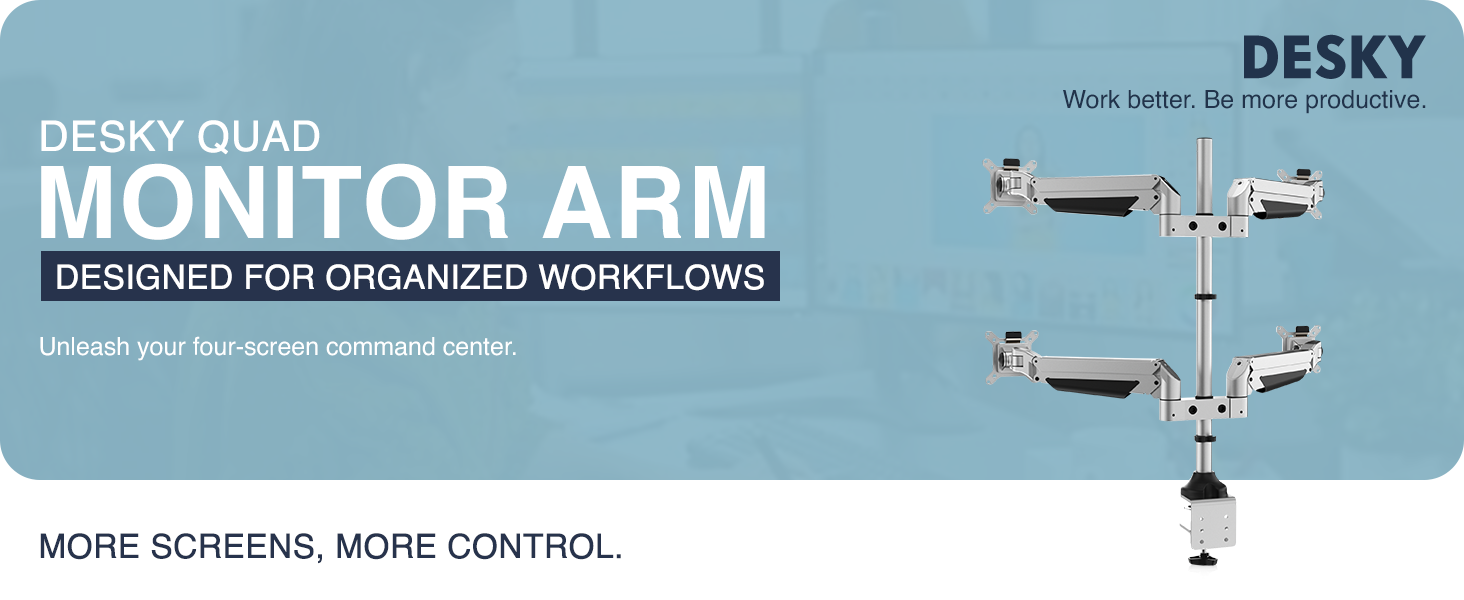 quad monitor desk mount, four screen ergonomic arm, heavy-duty 4 monitor stand, monitor VESA mount