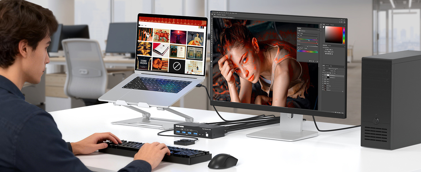 Dual Monitor KVM Switch 2 Monitors 2 Computers, 4K@60Hz 2 Ports HDMI + Displayport KVM Switches