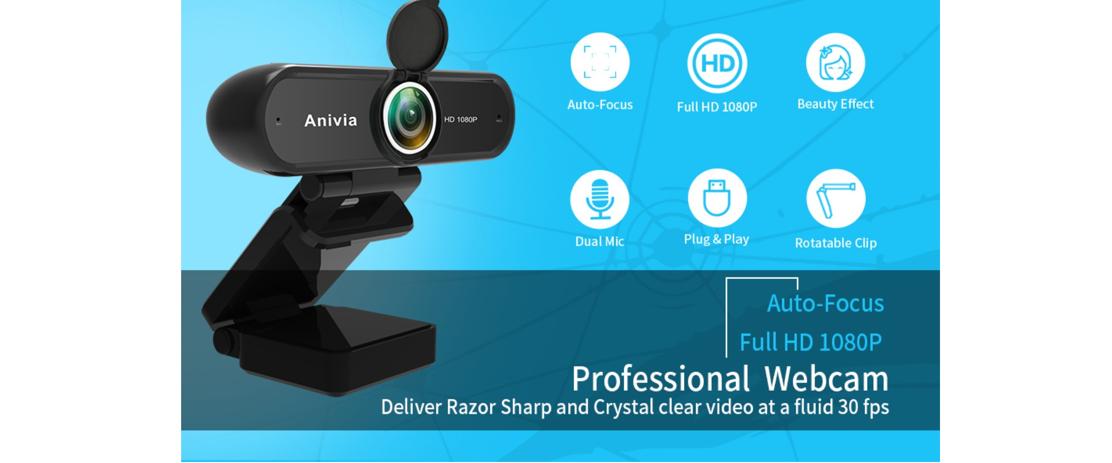 EACH webcam,Full HD 1080P,auto focus,dual microphone,plug and play,rotatable clip,beauty effect