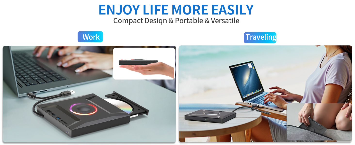 USB 3.0 and Type-C External CD DVD Drive, 7 in 1 External DVD CD Burner Player Writer