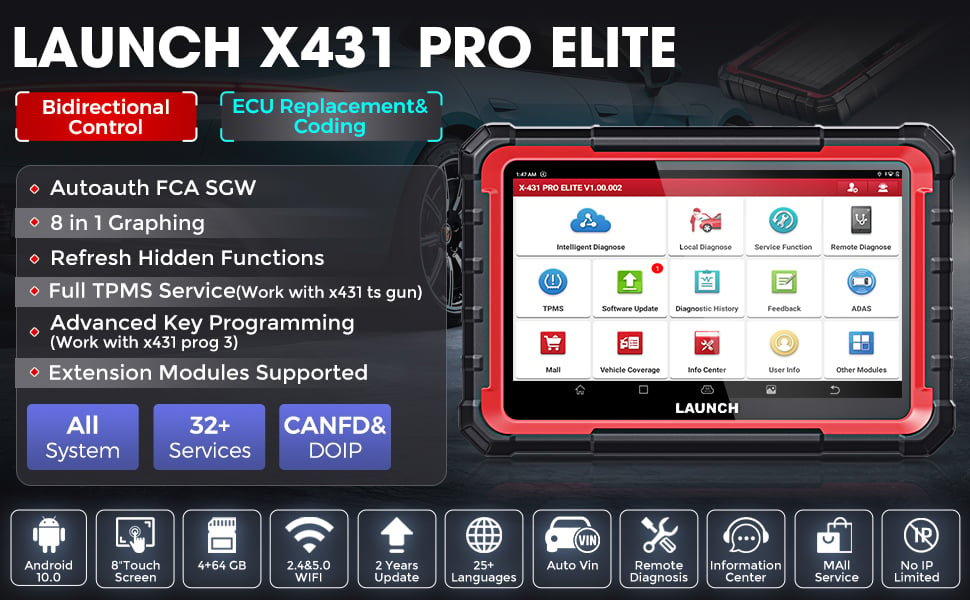 Launch X431 PRO Elite OBD2 Scanner Bidirectional Scan Tool with CANFD DOIP,  ECU Coding,Full System,32+ Resets,Key Program,VAG Guide
