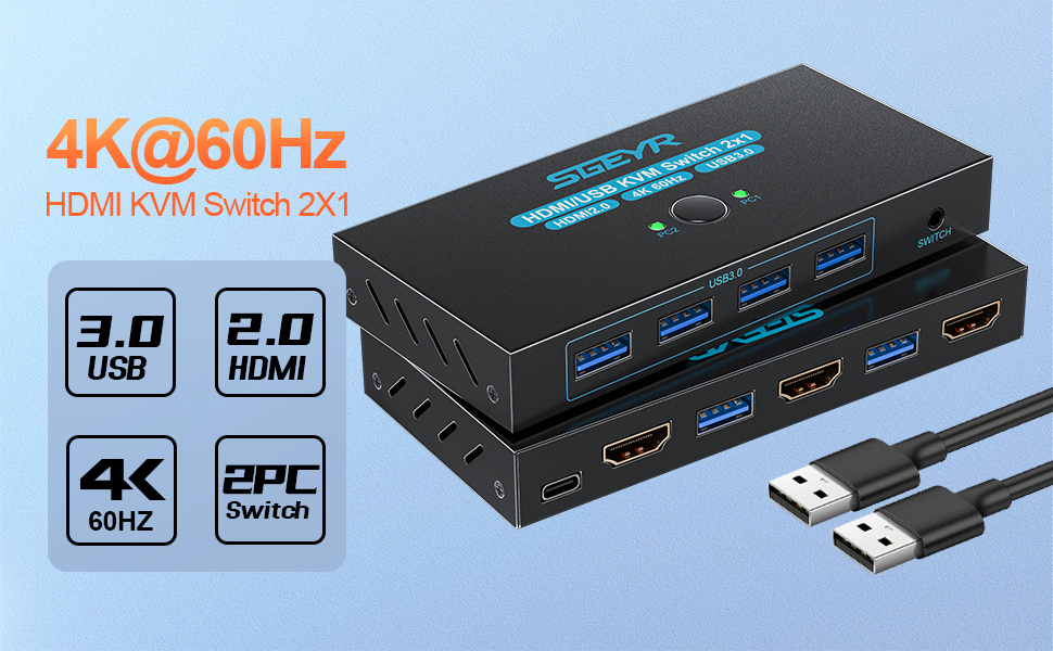 Hitoor HDMI 2.0 KVM Switch 1 Monitors 2 Computers, with 4 USB 3.0 Switch, 4K@60Hz 2 Port HDMI KVM Sw