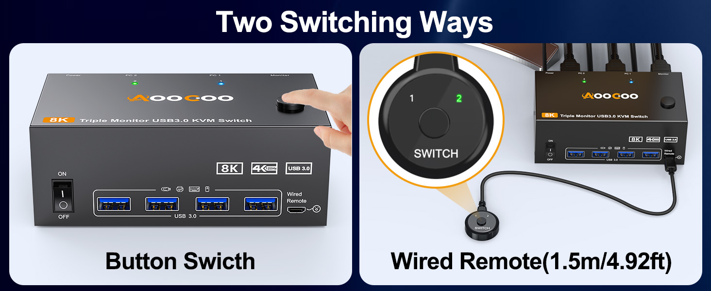 Please connect the USB ports on the input side of PC1 and PC2 to the computers and KVM using the USB