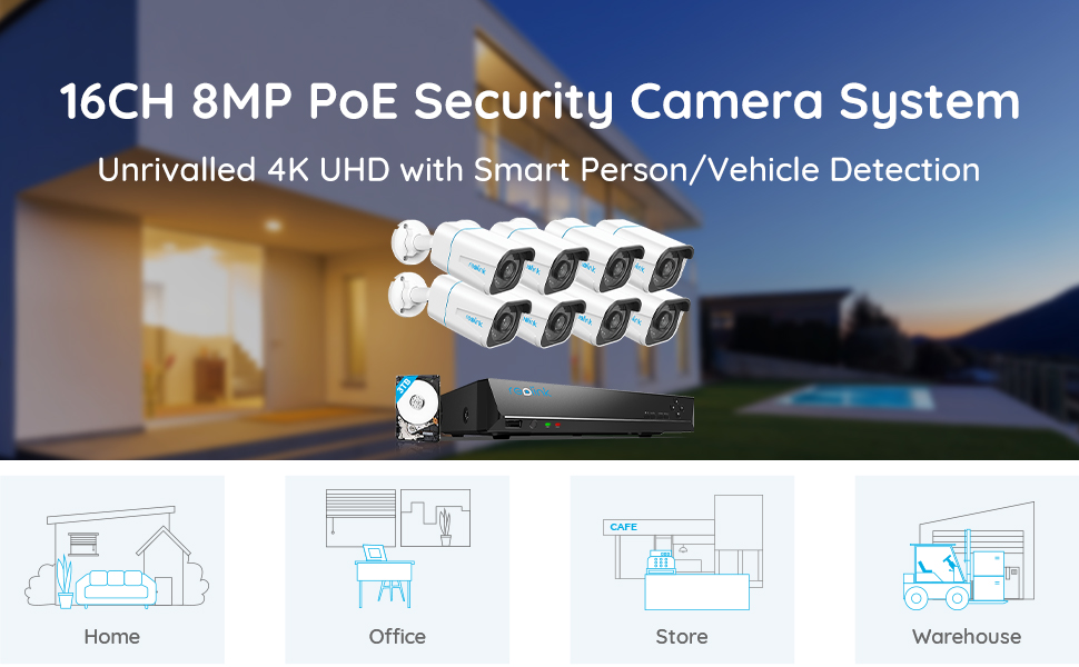 Reolink PoE Security Camera System Bundle, 16pcs 8MP Person/Vehicle  Detection Smart Cameras, a 16CH NVR Pre-Installed with 4TB HDD (Include 8 x  18M Cat5 Cable) - RLK16-800B8 + 8PCS RLC-810A 