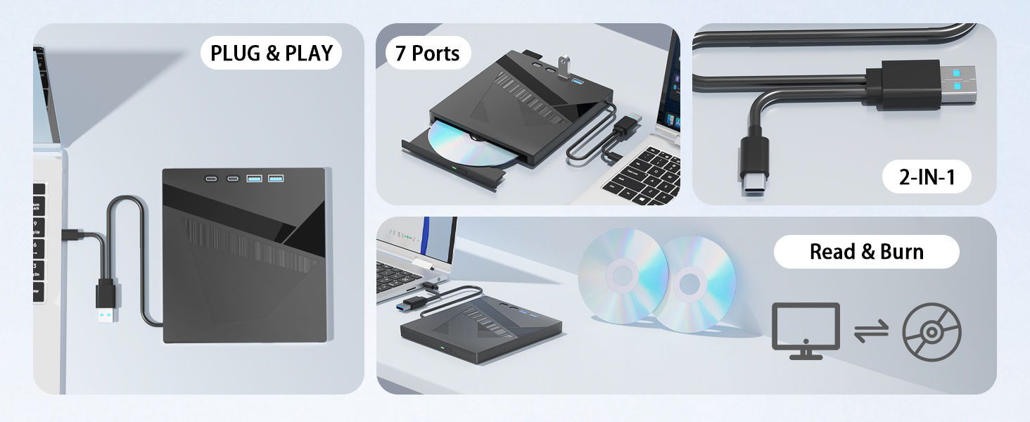 7-in-1 External CD/DVD Drive for Laptop, USB 3.0&Type-C DVD Player for Laptop Desktop with SD Card R