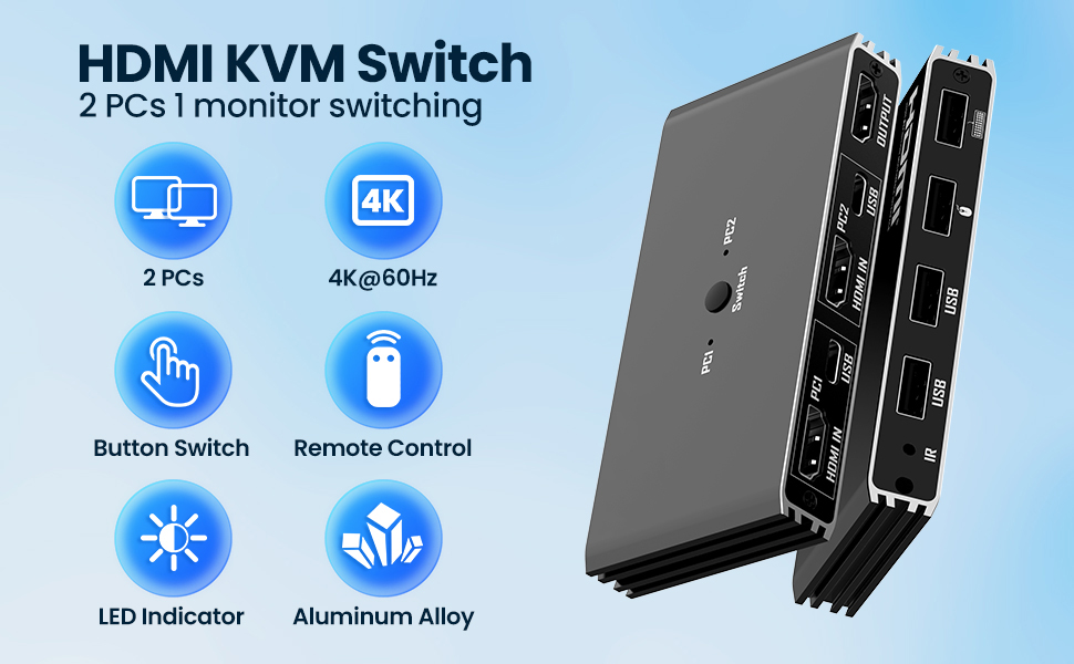 4K@60Hz 2 Ports HDMI KVM Switch for 2 Computers Share 1 Monitor & 4 USB Devices, Keyboard, Mouse, Pr