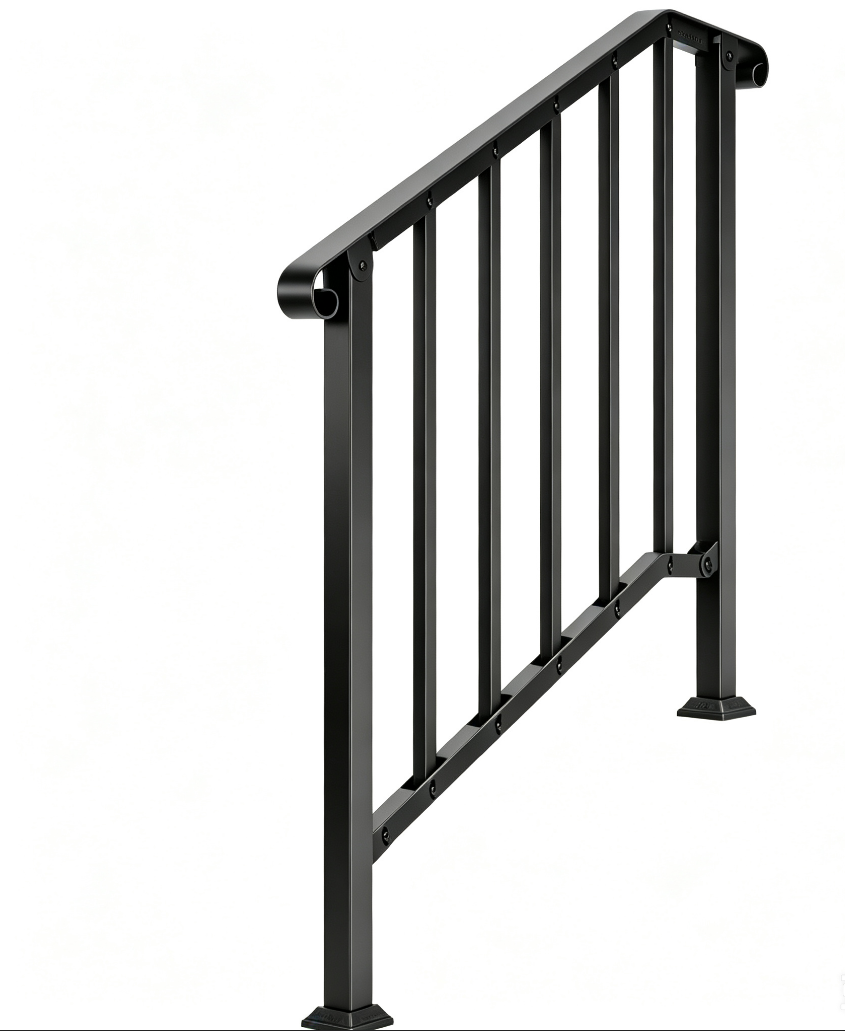 2 Steps Black Stair Handrail, Heavy Duty Carbon Steel Flat Iron Porch Railing, Hand Rail Kit for Con