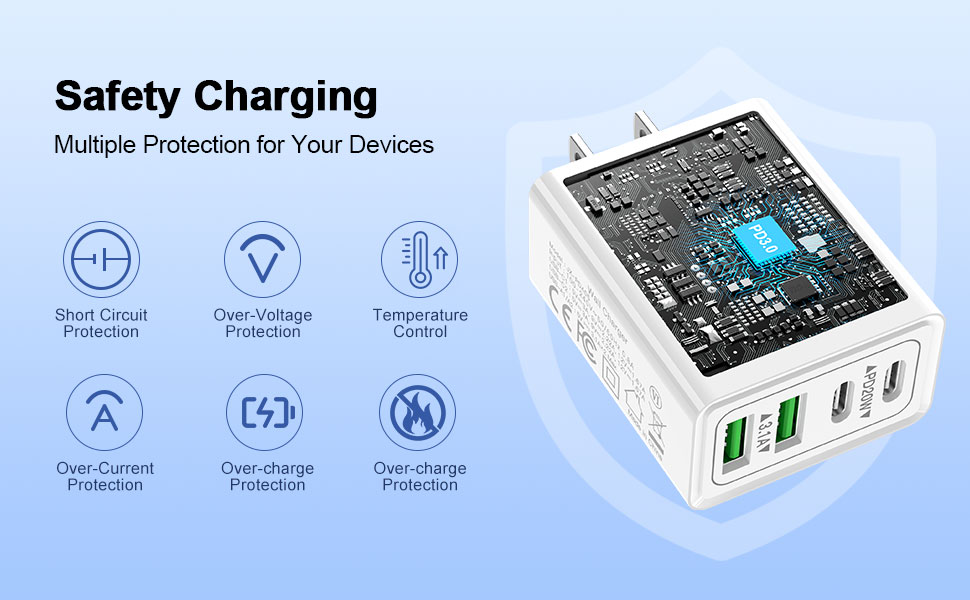 USB C Charger Block, 2-Pack 40W 4-Port PD Fast Charging Dual USB C Wall Charger, Multiport Power Ada