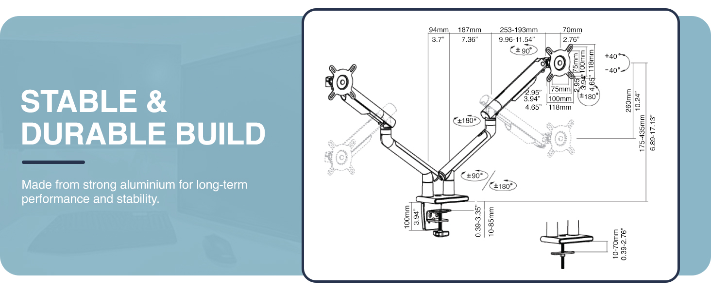 slim monitor arm, dual monitor arm, minimalist monitor mount, low-profile, VESA mount, ergonomic