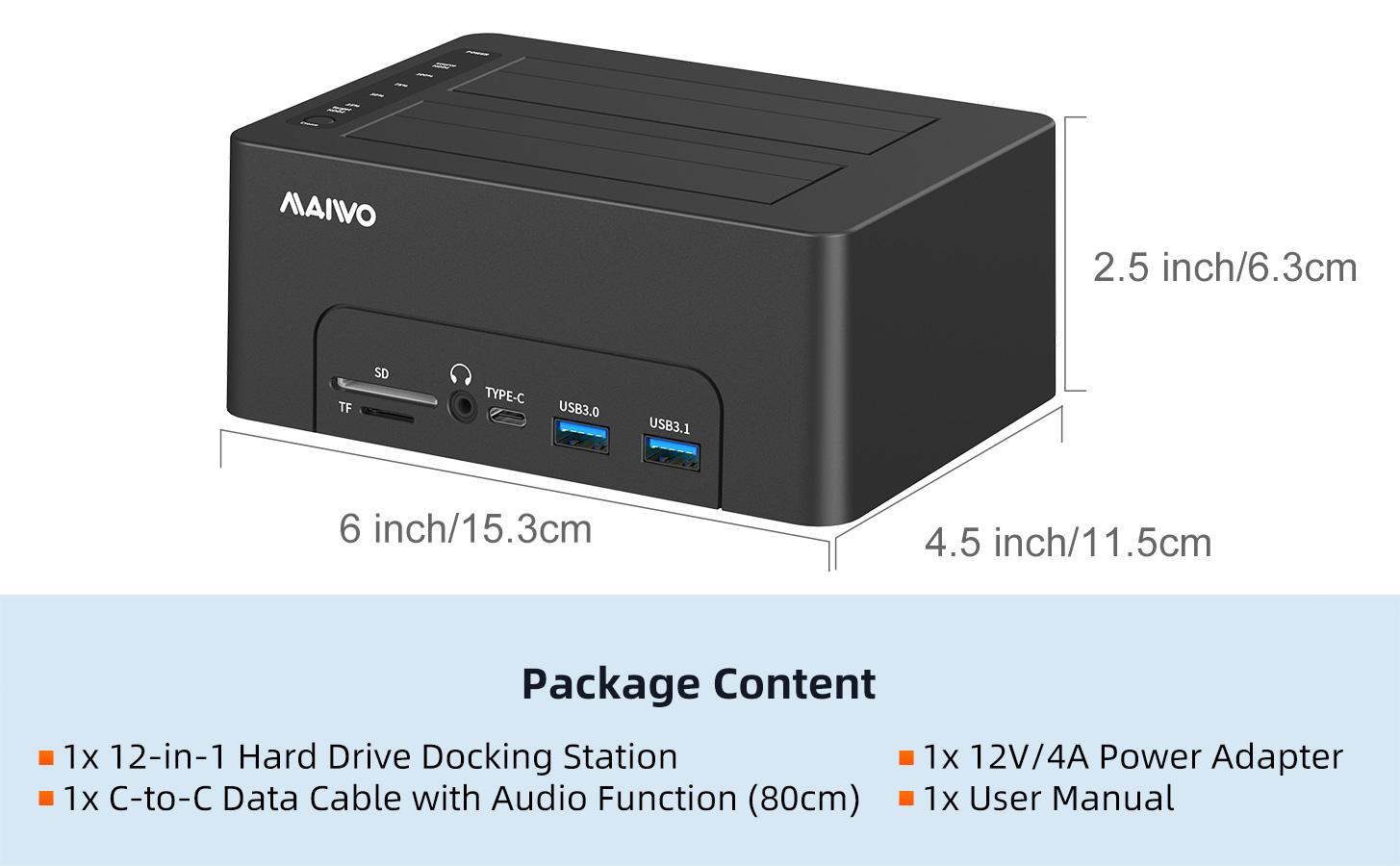 MAIWO Dual Bay Hard Drive Docking Station with Offline Clone for 2.5 3.5 Inch SATA HDD/SSD