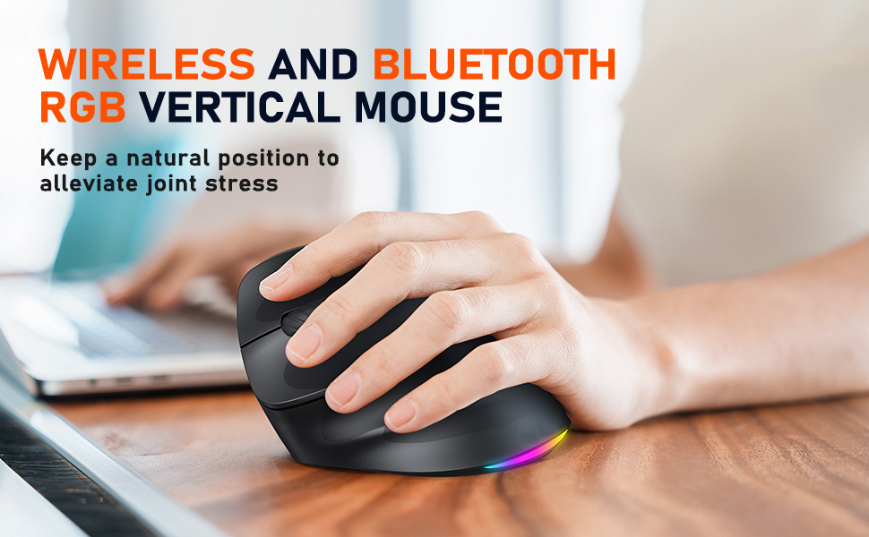 Left-Handed Ergonomic Wireless Mouse, Vertical RGB Mouse, Bluetooth 5.2 & 3.0 + 2.4G USB-A with USB-