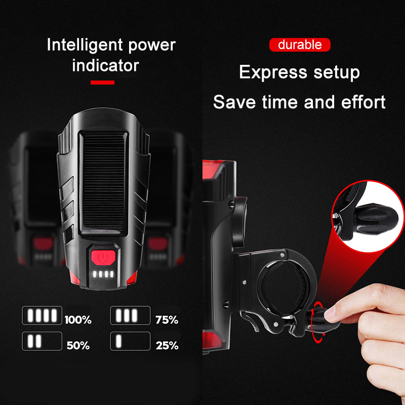 Solar Powered Led Bicycle Front Headlight with Horn, USB Rechargeable Waterproof Bike Light